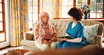 Tablet, medical and nurse with senior woman in retirement home for consultation with research. Digital technology, healthcare checkup and caregiver with elderly female patient for treatment plan.