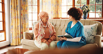 Buy stock photo Tablet, home and caregiver with senior woman in retirement for medical consultation with research. Digital technology, healthcare checkup and nurse with elderly female patient for treatment plan.