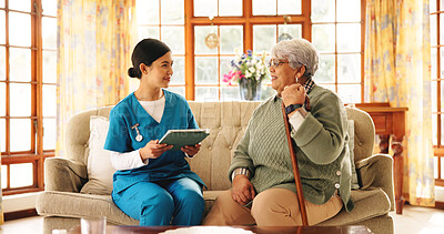 Buy stock photo Tablet, old woman and caregiver in home for healthcare, results or consultation. Nurse, technology and happy senior patient in retirement for homecare, medical service or checkup with wellness update