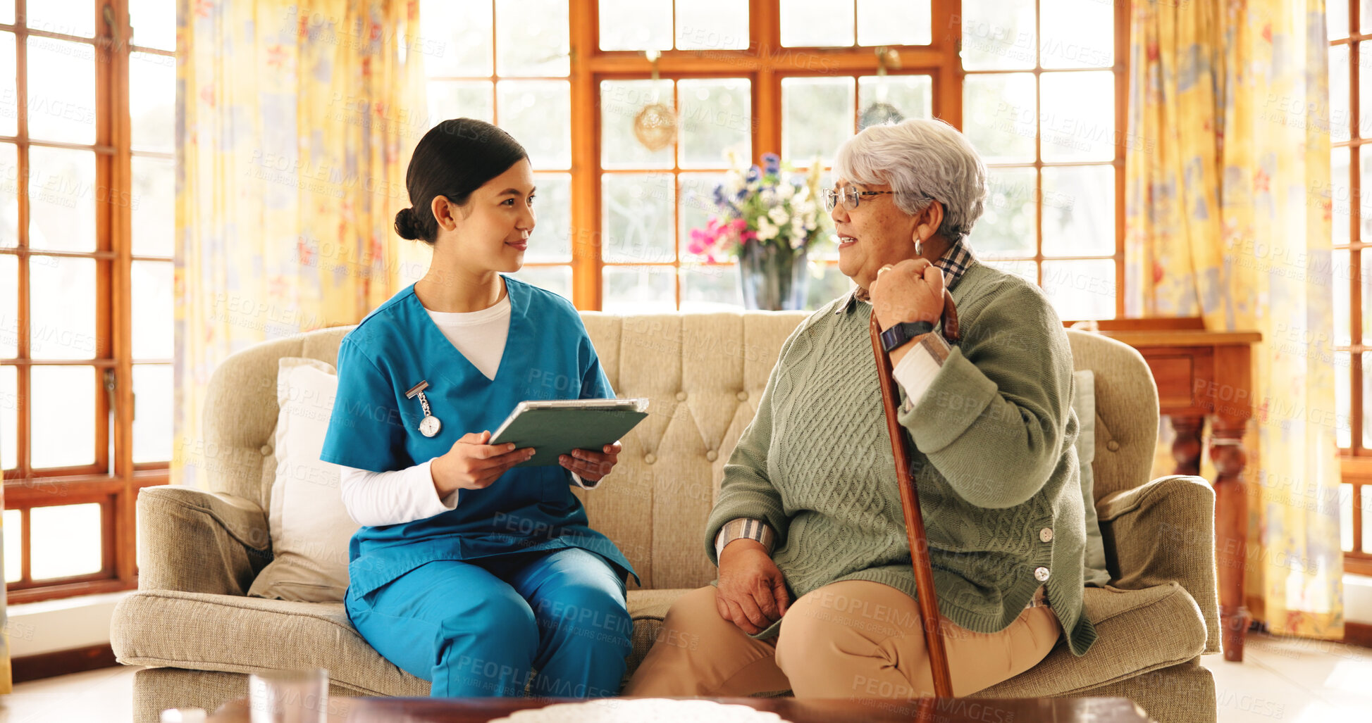 Buy stock photo Tablet, old woman and caregiver in home for healthcare, results or consultation. Nurse, technology and happy senior patient in retirement for homecare, medical service or checkup with wellness update