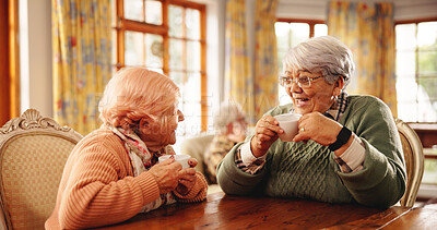 Buy stock photo Nursing home, friends and old women with coffee, discussion or bonding in morning with hot beverage. Assisted living, elderly people and conversation with tea, chat and happy in house and retirement