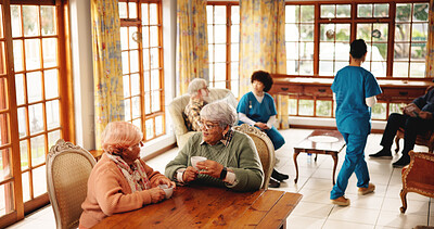 Buy stock photo Nursing home, bonding and old women with coffee, discussion or friends in morning with hot beverage. Assisted living, elderly people and conversation with tea, above and happy in house and retirement
