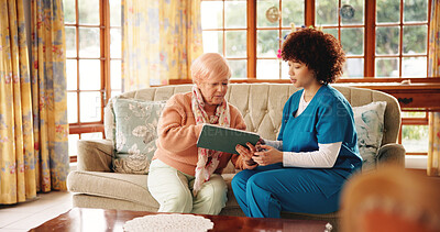 Buy stock photo Technology, healthcare and nurse with senior woman in retirement home for consultation with research. Tablet, medical checkup and caregiver with elderly female patient for treatment plan in house.