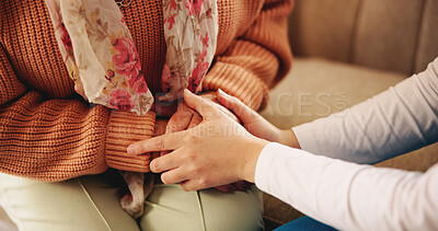 Buy stock photo Holding hands, support and nurse with senior woman in retirement home with comfort for diagnosis. Healthcare, compassion and caregiver with elderly female person for medical consultation in house.