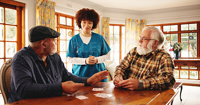 Buy stock photo Senior men, talk and nurse for playing cards of contest, friendly competition and hobby. Caregiver, chat and elderly people with game for retirement entertainment, cognitive activity and nursing home
