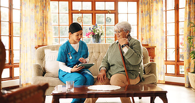 Buy stock photo Tablet, old woman and happy nurse in home for healthcare, results or consultation. Caregiver, technology and senior patient in retirement for homecare, medical service or checkup with wellness update