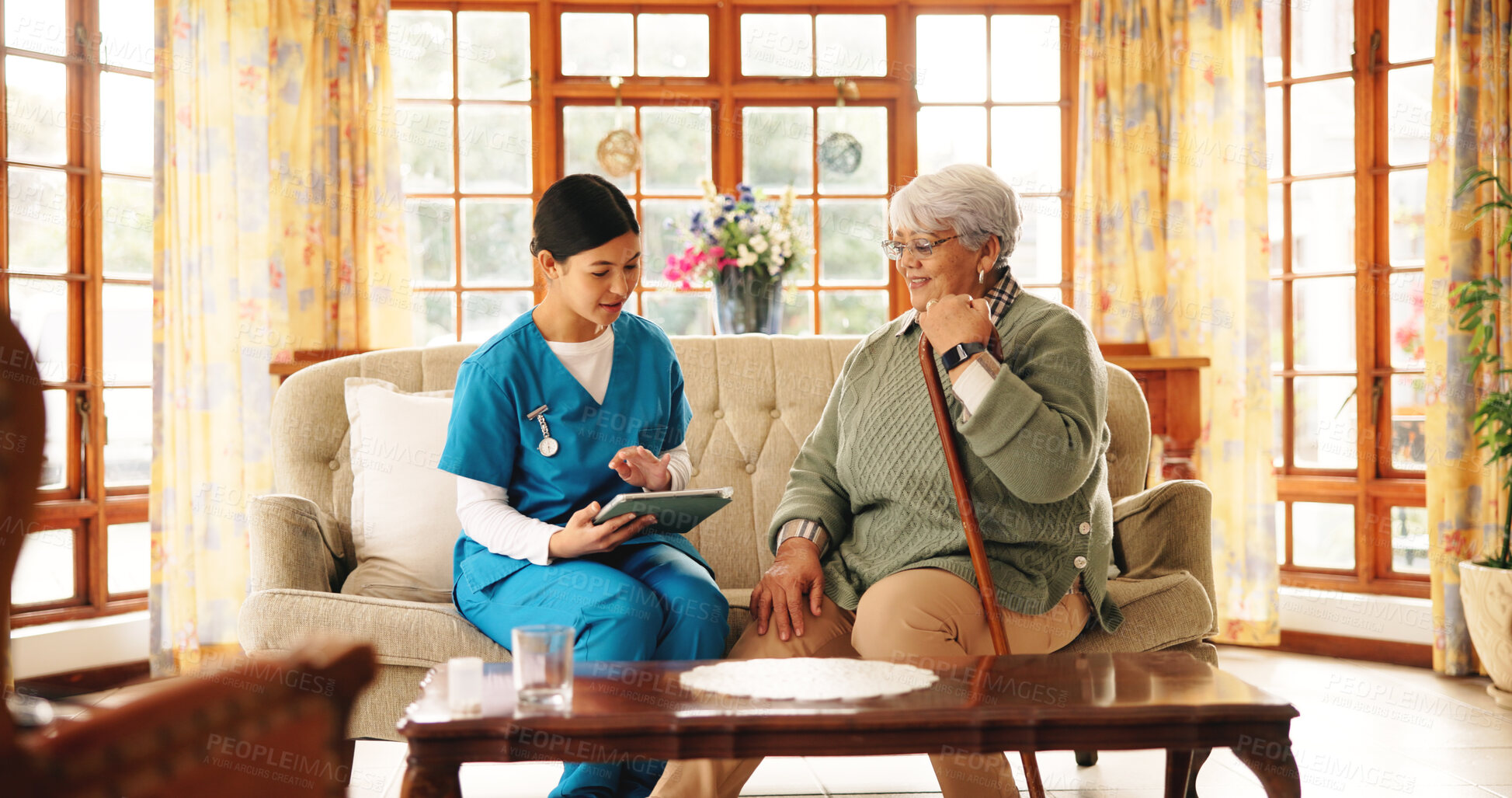Buy stock photo Tablet, old woman and happy nurse in home for healthcare, results or consultation. Caregiver, technology and senior patient in retirement for homecare, medical service or checkup with wellness update