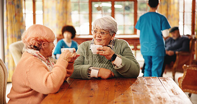 Buy stock photo Nursing home, friends and old women with coffee, chat and conversation in morning with hot beverage. Assisted living, elderly people and discussion with tea, bonding and happy in house or retirement