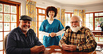 Portrait, nurse and playing cards with senior men for contest, friendly competition and hobby. Smile, caregiver and old people with game for retirement entertainment, cognitive activity and homecare