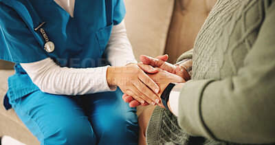 Buy stock photo Holding hands, empathy and nurse with senior woman in retirement home with comfort for diagnosis. Healthcare, compassion and caregiver with elderly female person for medical consultation in house.