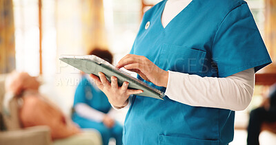 Buy stock photo Woman, nurse and hands with tablet in retirement home for schedule activities or healthcare. Closeup, female person or caregiver with technology for online checklist or medical care in nursing house