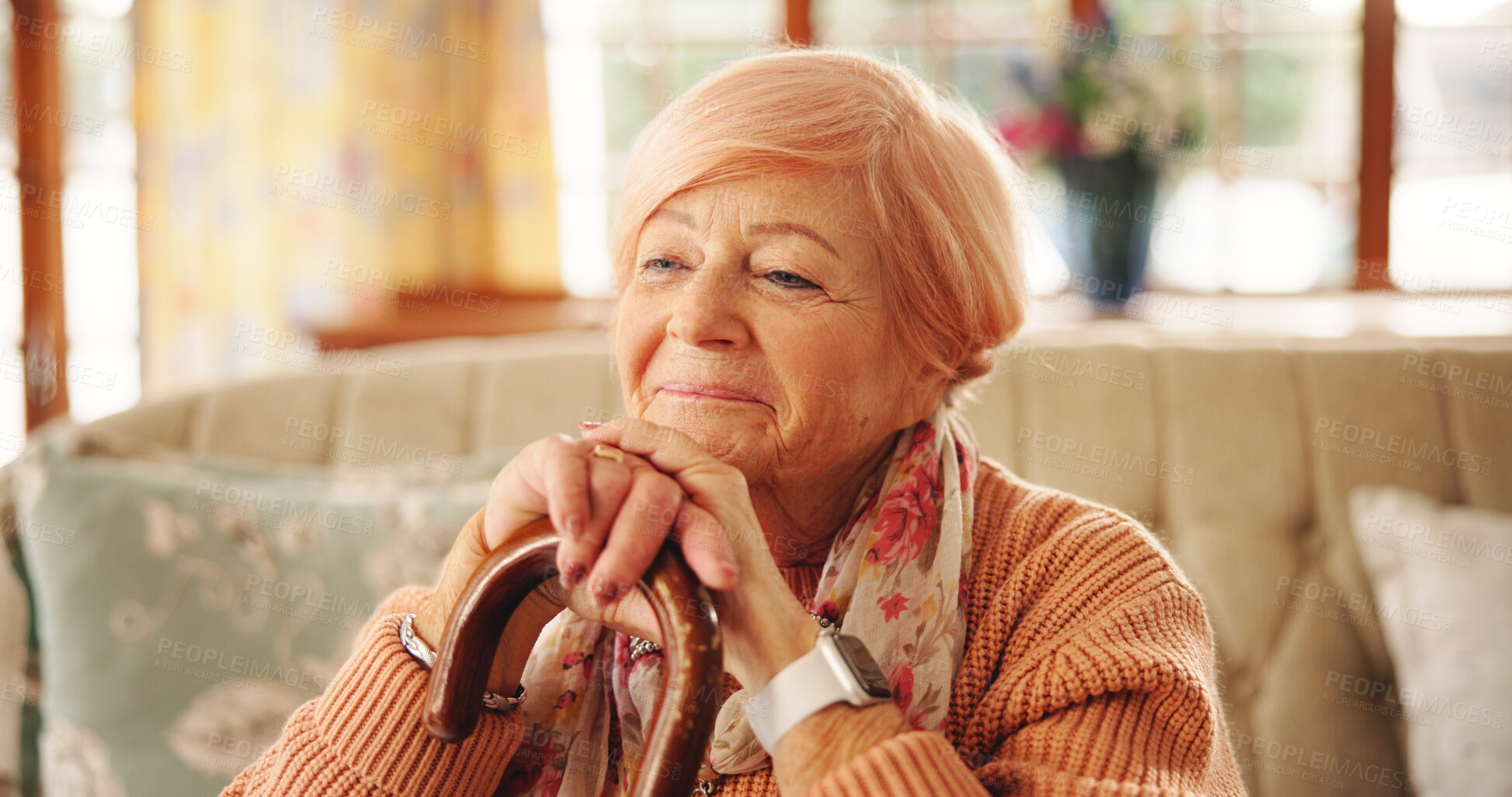Buy stock photo Cane, thinking and senior woman in home with hope, nostalgia and memory with vision. Walking stick, reflection and elderly person with disability, happiness and remember in retirement in living room
