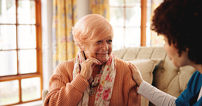 Buy stock photo Conversation, home and nurse with senior woman on sofa for good news on treatment plan. Healthcare, discussion and medical caregiver with elderly female person for checkup in living room at house.