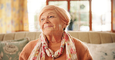 Buy stock photo Happy, thinking and elderly woman in home with hope, nostalgia and memory with vision. Smile, reflection and senior person with inspiration, decision and remember in retirement in living room