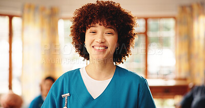 Buy stock photo Portrait, girl and caregiver in nursing home for healthcare, elderly care and smile. Happy, nurse or medical professional with kindness for assisted living or rehabilitation of seniors in retirement