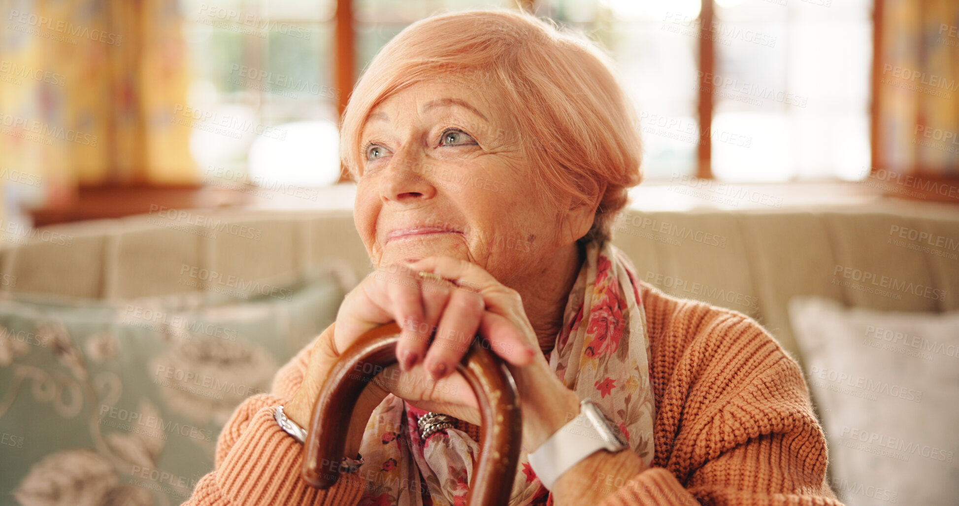 Buy stock photo Cane, thinking and elderly woman in home with hope, nostalgia and memory with vision. Walking stick, reflection and senior person with disability, happiness and remember in retirement in living room
