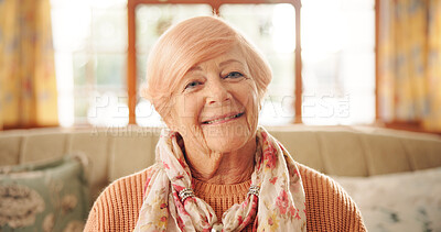 Buy stock photo Senior woman, happy and portrait on sofa in lounge with pride, confidence or relax in retirement home. Elderly person, smile and morning couch in living room, comfortable and health at house in Italy