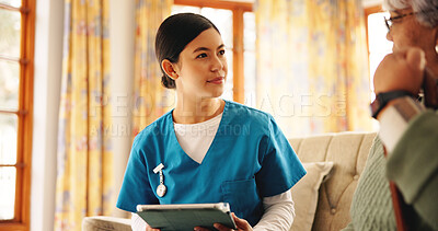 Buy stock photo Tablet, old woman and nurse in home for healthcare, support or consultation. Caregiver, technology and senior patient in retirement for homecare, medical service and checkup with wellness update