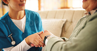 Buy stock photo Holding hands, comfort and nurse with senior woman in retirement home with support for diagnosis. Healthcare, compassion and caregiver with elderly female person for medical consultation in house.
