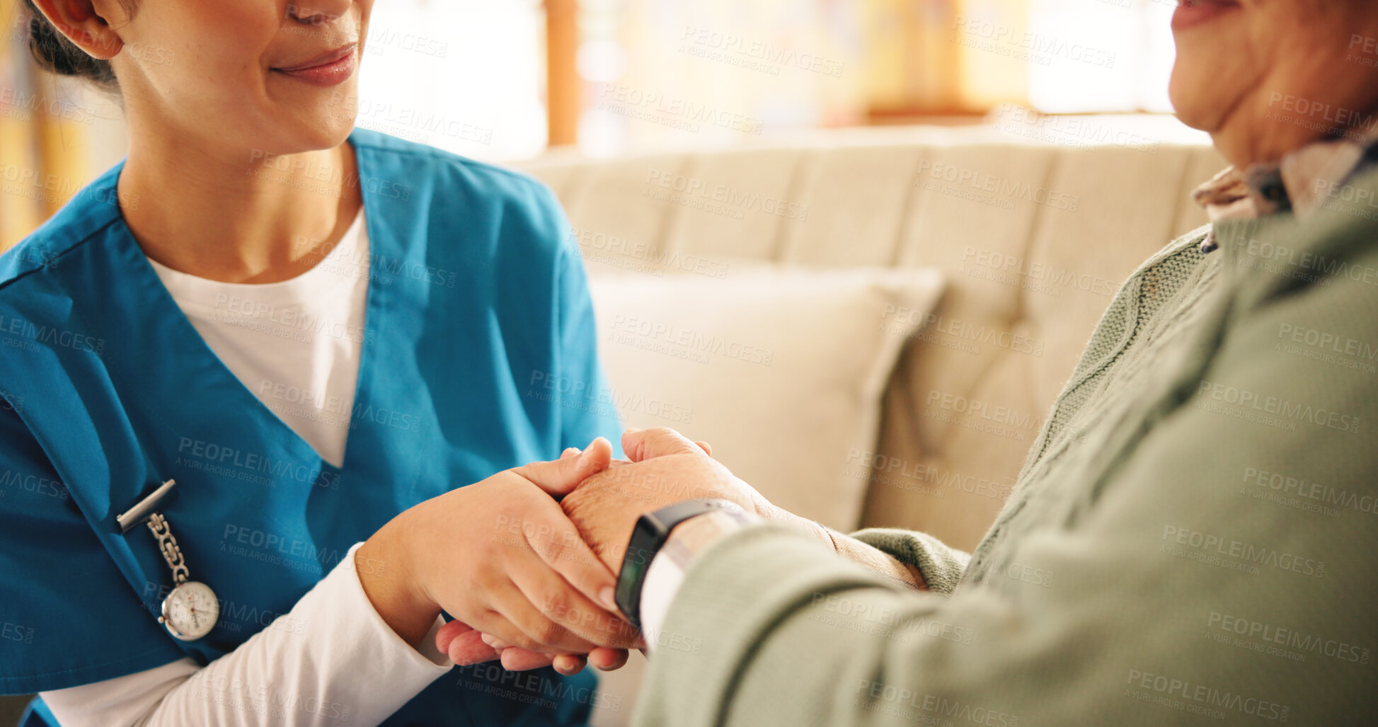 Buy stock photo Holding hands, comfort and nurse with senior woman in retirement home with support for diagnosis. Healthcare, compassion and caregiver with elderly female person for medical consultation in house.