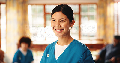 Buy stock photo Portrait, woman and caregiver in nursing home for healthcare, elderly care and smile. Happy, nurse or medical professional with kindness for assisted living or support for seniors in retirement