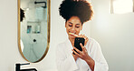 Phone, dental hygiene and woman brushing teeth in bathroom with networking on mobile app. Oral care, technology and female person cleaning mouth for morning routine with social media on cellphone.