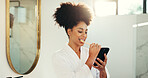 Cellphone, dental hygiene and woman brushing teeth in bathroom with networking on mobile app. Oral care, technology and female person cleaning mouth for morning routine with social media on phone.