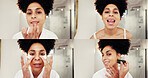Woman, portrait and collage in bathroom for skincare, morning routine and anti aging treatment. African girl, mirror POV and montage in home with gua sha, eye pads and self care practice for wellness
