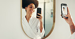 Mirror, selfie and woman in bathroom with smile for skincare results, grooming and self care post. Happy, home and person with phone for profile picture, social media and online photo in morning