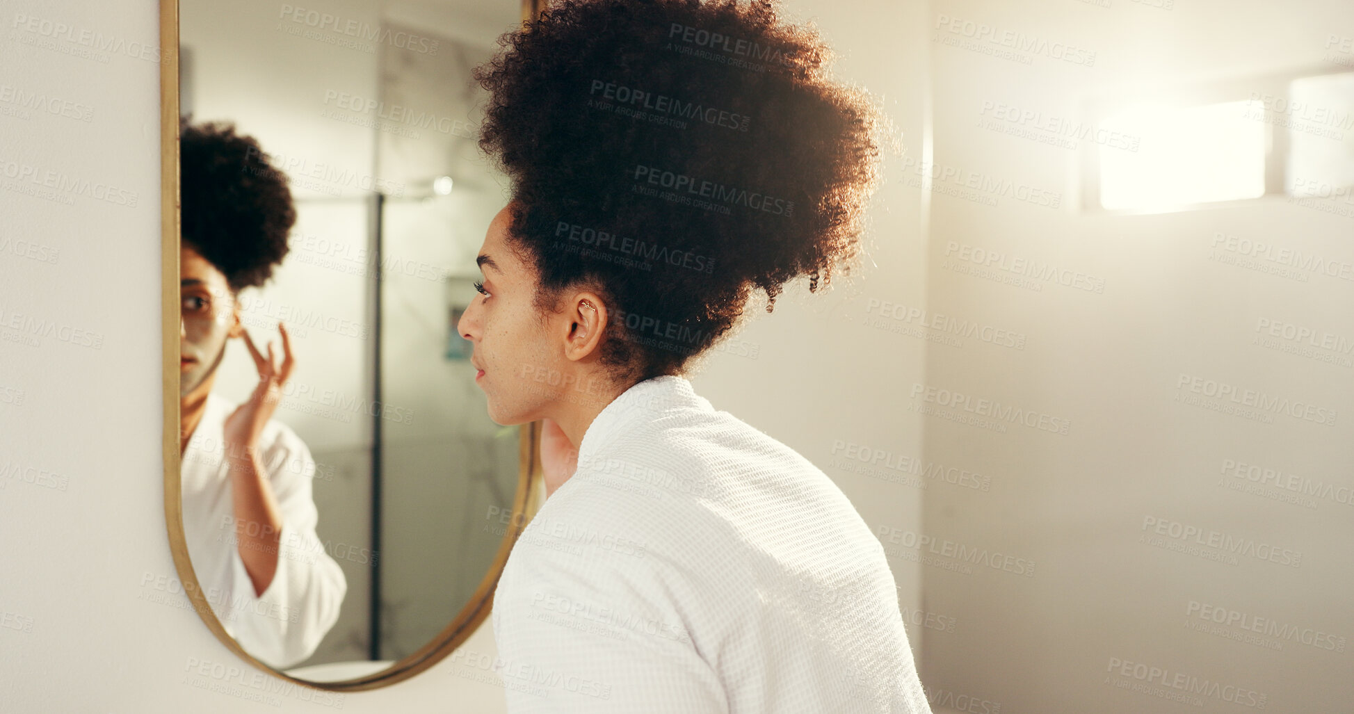 Buy stock photo Woman, mirror and skincare with facial cream for morning routine in bathroom, moisturizing and cosmetics. African person, reflection and daily skin care for dermatology, sunscreen and beauty in home