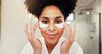 Woman, portrait and eye mask for skincare in bathroom for morning routine, moisturizing and self care. Reduce puffiness, pov and dark circles treatment with collagen patches for face beauty in house