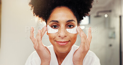 Buy stock photo Woman, portrait and eye mask for skincare in bathroom for morning routine, moisturizing and self care. Reduce puffiness, pov and dark circles treatment with collagen patches for face beauty in house
