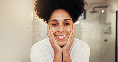 Buy stock photo Skincare, health and portrait of woman in bathroom with cosmetics, wellness or facial routine. Happy, natural and female person from Colombia with face dermatology treatment in house for morning.