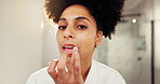 Woman, portrait and lip scrub for skincare in bathroom for morning routine, moisturizing and self care. Exfoliate, pov and cosmetic treatment with mouth balm, face and beauty for wellness in house