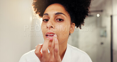 Buy stock photo Woman, portrait and lip scrub for skincare in bathroom for morning routine, moisturizing and self care. Exfoliate, pov and cosmetic treatment with mouth balm, face and beauty for wellness in house