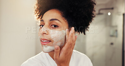 Buy stock photo Face mask, beauty and portrait of woman in bathroom for cosmetics, health and glow routine. Wellness, skincare and female person with facial clay for dermatology treatment in morning at apartment.