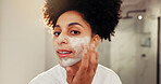 Face mask, skincare and portrait of woman in bathroom for cosmetics, health and glow routine. Wellness, beauty and female person with facial clay for dermatology treatment in morning at apartment.
