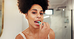 Woman, portrait and dental floss pick in bathroom for morning routine, oral health and grooming. Teeth cleaning, pov and African female person for mouth hygiene, fresh breath and self care in house