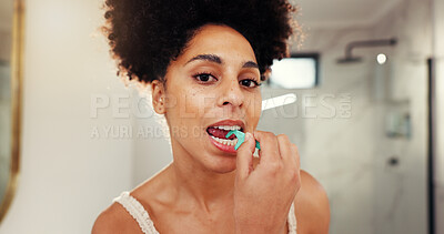 Buy stock photo Woman, portrait and dental floss pick in bathroom for morning routine, oral health and grooming. Teeth cleaning, pov and African female person for mouth hygiene, fresh breath and self care in house