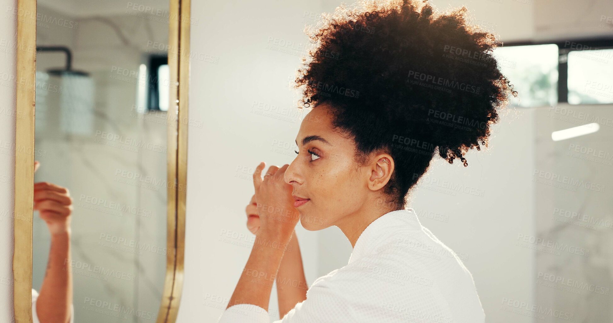 Buy stock photo Woman, mirror and skincare with face check for morning routine in bathroom, facial and natural cosmetics. African person, reflection and daily skin care for dermatology, wellness and beauty in home