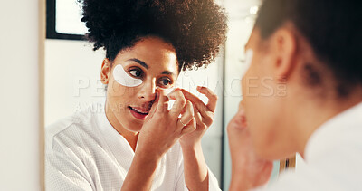 Buy stock photo Eye mask, skincare and woman by mirror in bathroom for hydration, glow or facial routine in morning. Beauty, wellness and female person with cosmetic product for dermatology treatment in home.