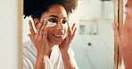 Eye mask, beauty and woman by mirror in bathroom for hydration, glow or facial routine in morning. Skincare, wellness and female person with cosmetic product for dermatology treatment in home.