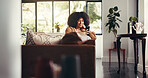Relax, woman and scroll with phone on sofa for reading blog, streaming subscription or social media. Happy, african person and smartphone in home for watching online videos and browsing dating site