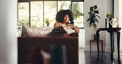 Buy stock photo Relax, woman and scroll with phone on sofa for reading blog, streaming subscription or social media. Happy, african person and smartphone in home for watching online videos and browsing dating site