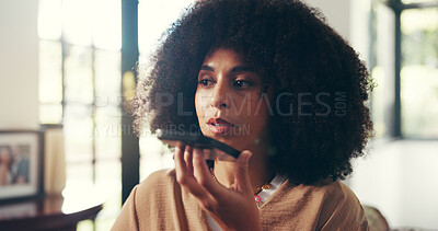 Buy stock photo Woman, talking and speaker with phone in home for communication, conversation or discussion. African person, user or recording with mobile smartphone for voice note, chat or audio message in house