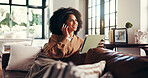 Headphones, woman and happy with tablet on sofa for audiobook, streaming podcast and playlist. Relax, african person and digital tech in home for listening to online radio, music app or weekend break