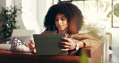 Buy stock photo African woman, typing and tablet at house for email, design feedback and project schedule. Graphic designer, remote work and digital for art update, online research and information on web application