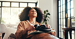 Relax, music and peace with woman on sofa for streaming, connection and mindfulness. Calm audio, tablet and headphones with person in living room of home for online subscription, media and song