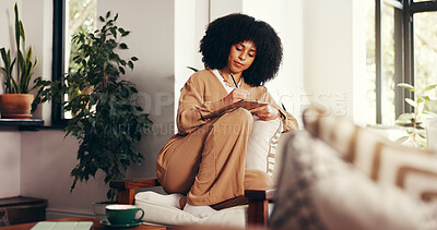 Buy stock photo African woman, drawing and tablet at house for editing sketch, design process and graphic designer. Person, remote work and stylus for digital art, campaign layout and online research of project logo