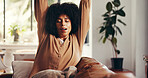 Happy woman, relax and stretching on sofa for morning, awake or fresh start in living room or home. Calm, female person and warm up for flexibility, circulation or stress relief on couch in house